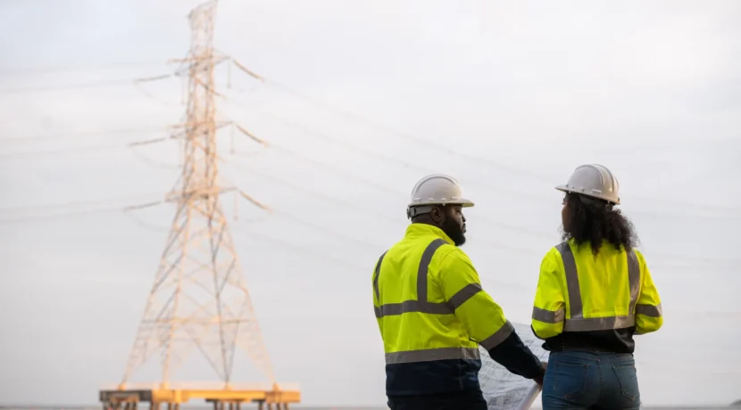 Inżynierowie przy linii elektroenergetycznej podczas realizacji inwestycji