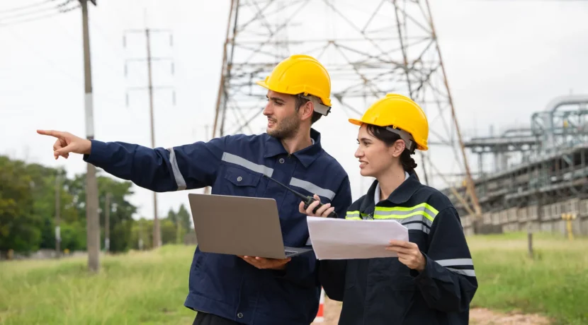 Inżynierowie z dokumentacją projektową przy budowie sieci energetycznej