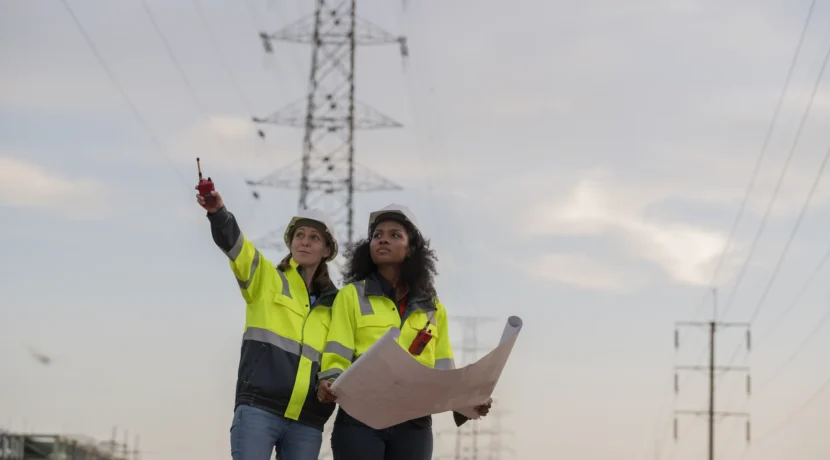 Zespół inżynierów analizujący projekt w terenie przy liniach energetycznych