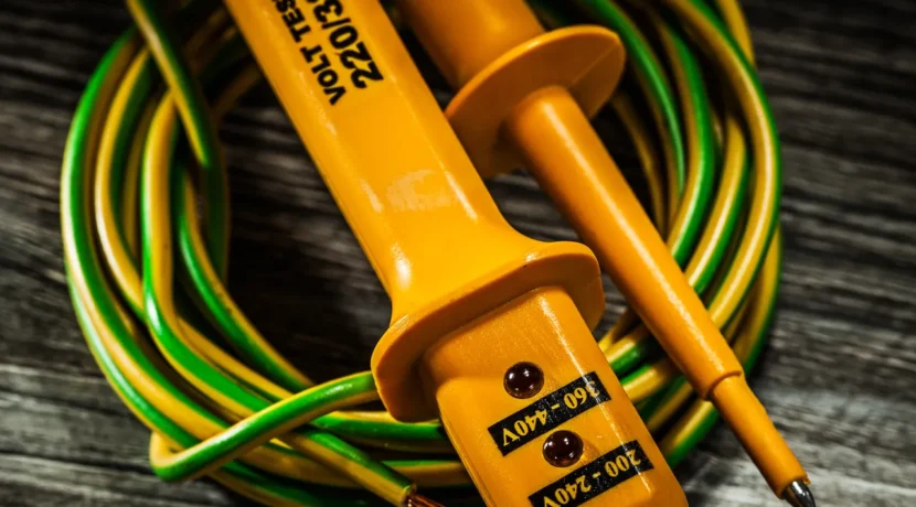telfa-narzedzia-elektryczne-02 Tester napięcia i przewód elektryczny na drewnianym blacie