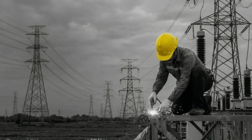 Elektromonter podczas prac przy infrastrukturze elektroenergetycznej